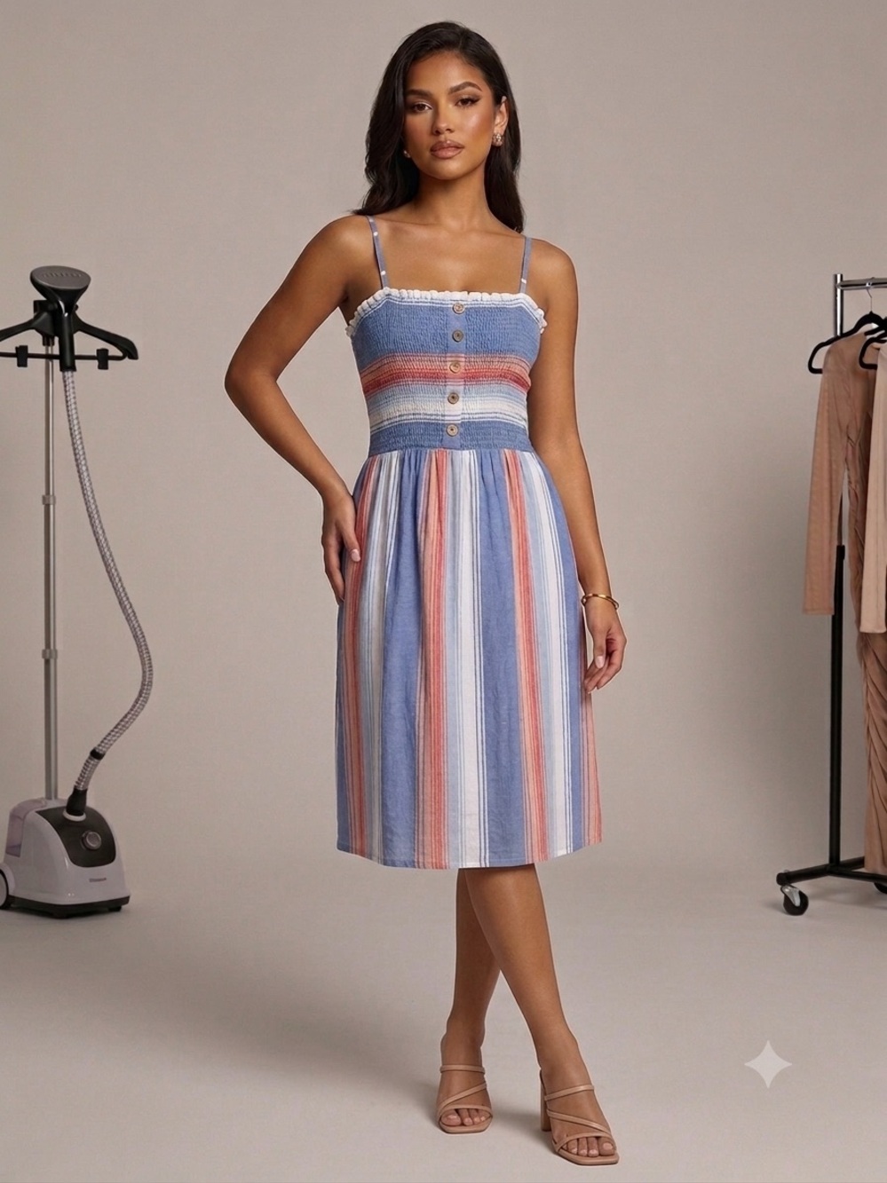 Angie Blue Striped Sundress with Red & White Accents